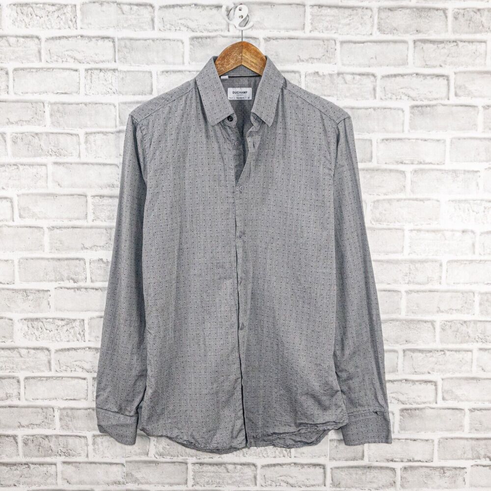 DUCHAMP London Tailored Button up Shirt Gray embroidered detail M